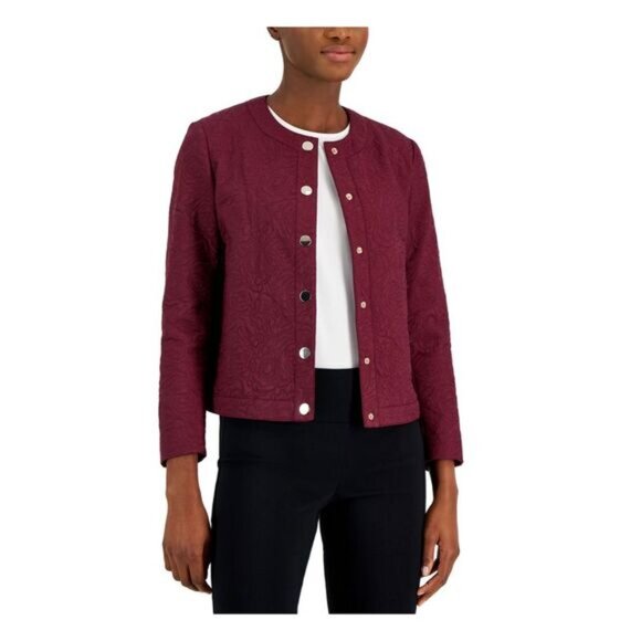 Classic Anne Klein Quilted Floral Embroidered Jacket Burgundy Long Sleeve Sz PL - Picture 1 of 7